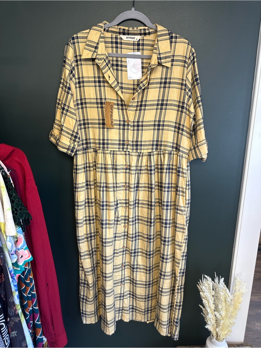 Cotton Muted Yellow Plaid Button-Front Maxi Dress